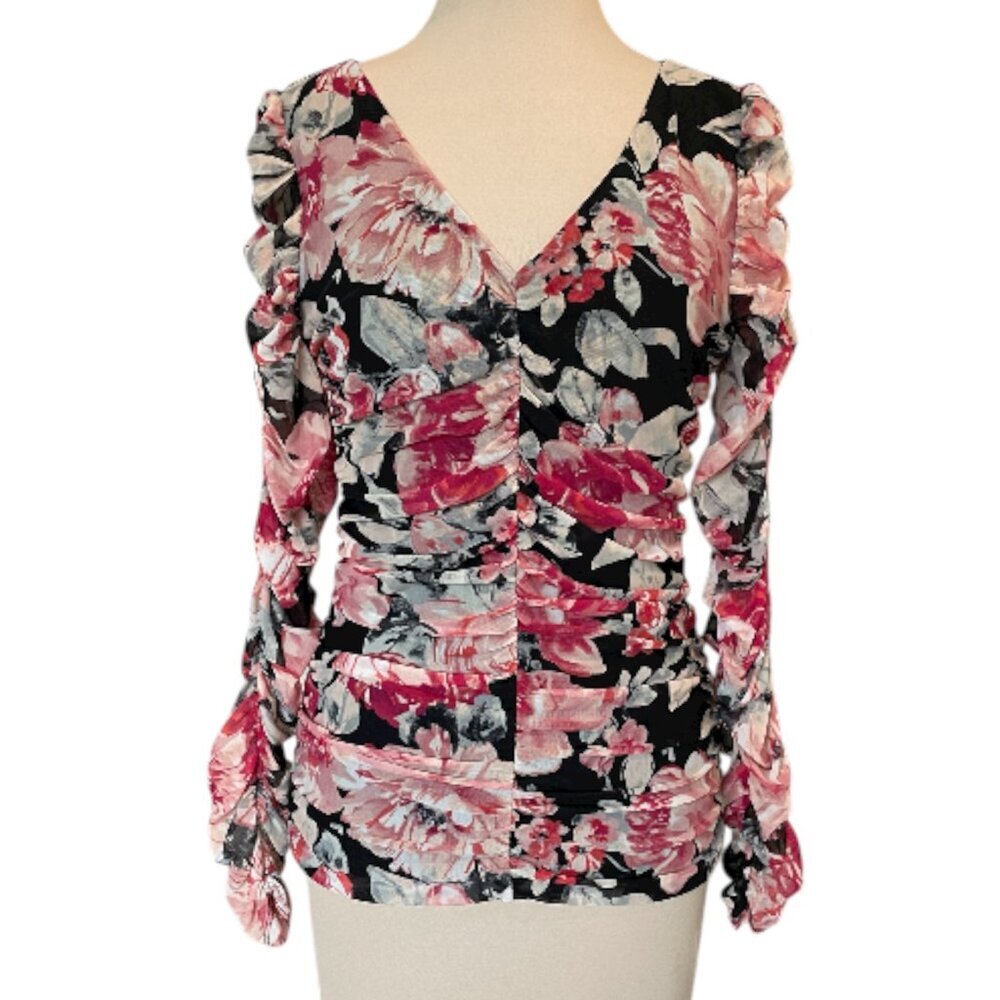 White House Black Market Women's Ruched Pink and Black Floral Blouse,  Sz Small